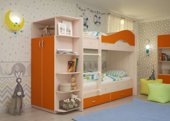 Кровать Мая двухъярусная с ящиками и шкафом Млечный дуб/Оранжевый в Белокурихе - belokuriha.mebel54.com | фото