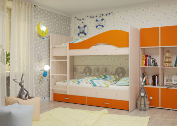 Кровать Мая двухъярусная с ящикамиМлечный дуб/Оранжевый в Белокурихе - belokuriha.mebel54.com | фото
