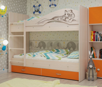 Кровать Мая-Сафари двухъярусная с ящикамиМлечный дуб/Оранжевый в Белокурихе - belokuriha.mebel54.com | фото