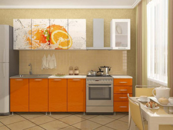 Кухонный гарнитур 1,6м Апельсин (Белый/Оранжевый металлик/Фотопечать апельсин) в Белокурихе - belokuriha.mebel54.com | фото